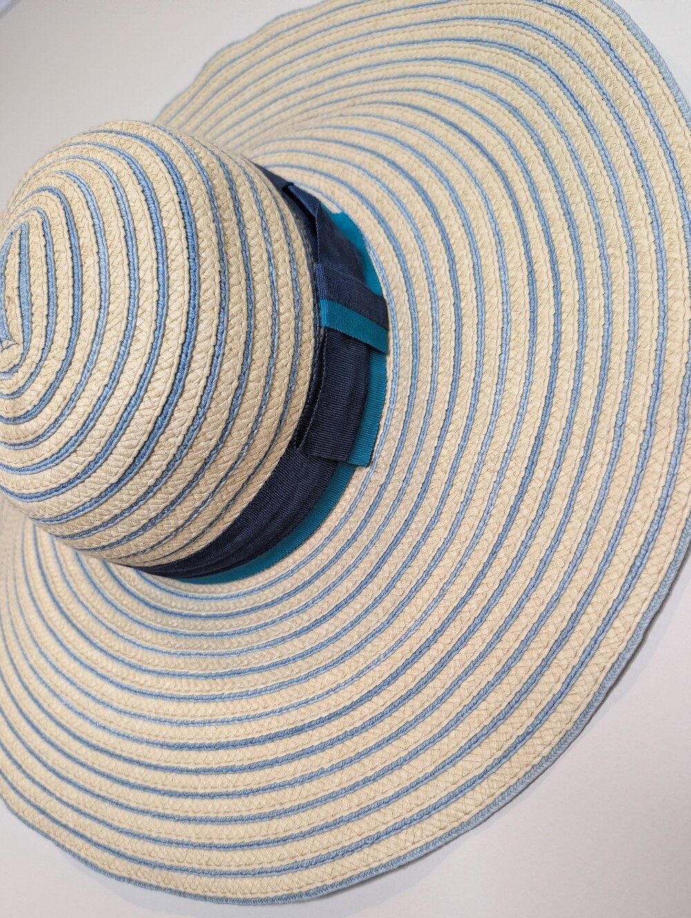 Badgley Mischka Cream Straw Sun Hat with Light Blue Stripes and Navy Band